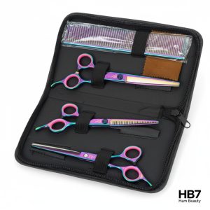 Kit de Tijeras de Peluquería Profesional HB7 Ham Beauty – Set de 5 Piezas Tornasol / Arcoíris